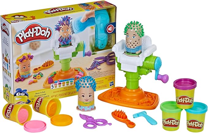 Play-Doh Buzz 'n Cut Fuzzy Pumper Barber Shop Set, Electric Buzzer, 5 Colors of 2-Ounce Cans, Preschool Toys, Christmas Gifts Girls & Boys, Ages 3+ (Amazon Exclusive)