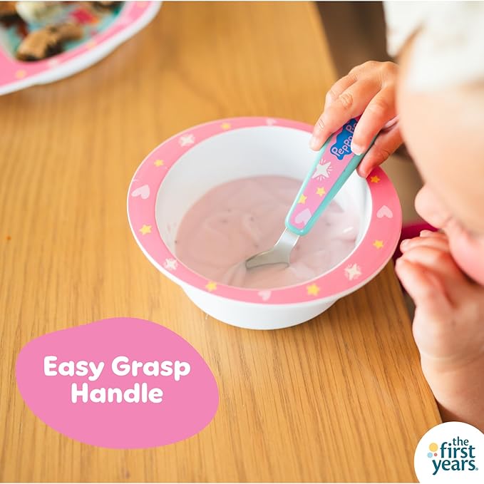 The First Years Peppa Pig Toddler Dinnerware Set - Includes Toddler Plate, Divided Bowl, and Toddler Utensils - Dishwasher Safe Toddler Feeding Supplies Made Without BPA - 4 Count