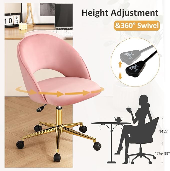 Furniliving Pink Vanity Chair, Cute Desk Chairs for Girls with Back, Rolling Upholstered Accent Chair for Living Room/Makeup Room/Bedroom, Pink