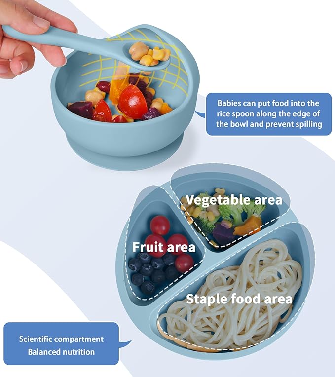 Silicone Baby Feeding Set, 10 Pcs Baby Led Weaning Supplies with Suction Bowl Divided Plate Adjustable Bib Soft Spoon Fork Snack Cup with Lid Drinking Cup, Utensil (Blue)