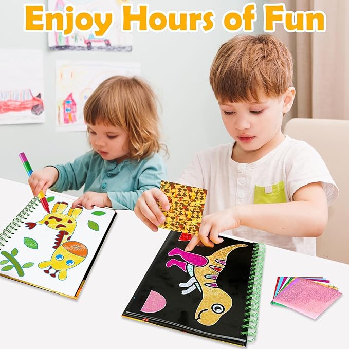 Foil Art Craft Activity for Kids: Fun DIY Toy Sticker Kit, No Mess Creative Travel Supply Set, Idea Birthday Easter Basket Stuffers Valentines Gift for Girl Boy Toddler 4 5 6 7 8 9 Year Old (Dinosaur)