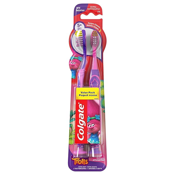 Colgate Kids Toothbrush, Trolls, Extra Soft Toothbrush with Suction Cup, 4 Pack