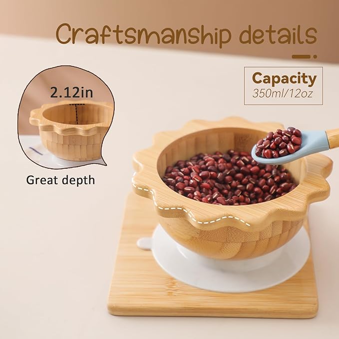 Suction Bowl for Baby Kid Toddler Bamboo Bowl Spoon Fork Set with Removable Silicone Suction All-Natural Baby Feeding Set for Baby-Led Weaning Fits Feeding High Chair Table