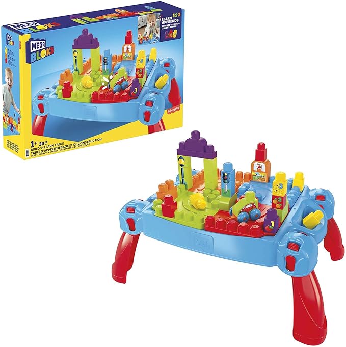 Mega Bloks First Builders Build 'n Learn Table with Big Building Blocks, Building Toys for Toddlers (30 Pieces)