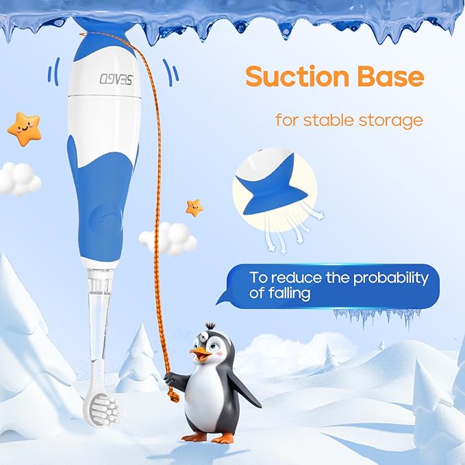 SEAGO Toddler Electric Toothbrushes for Baby Ages 0-3 Years, Baby Toothbrush with Smart Timer and Suction Base, 4 Replacement Brushheads (Navy-C)