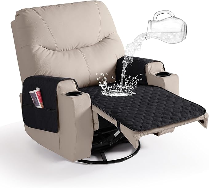 Ruaozz Waterproof Recliner Chair Covers Non Slip Chair Covers Recliner Seat Cover with Arms Washable Recliner Covers for Reclining Chair with Pocket, Covers for Recliner Chair (Black, Small-22'')