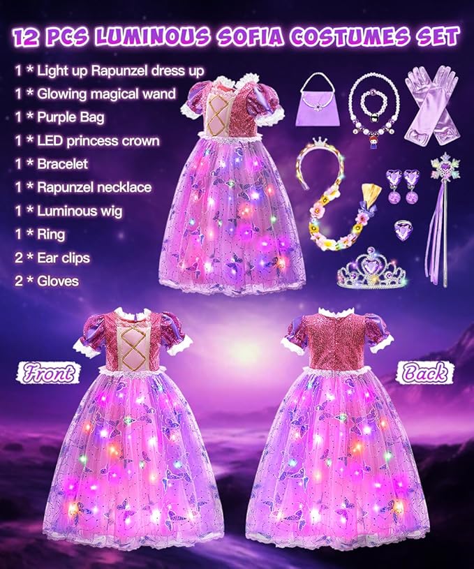 TOLOYE Princess Dress Up for Girls, Princess Costume for Girls Light Up with Accessories for Halloween Carnival Cospaly