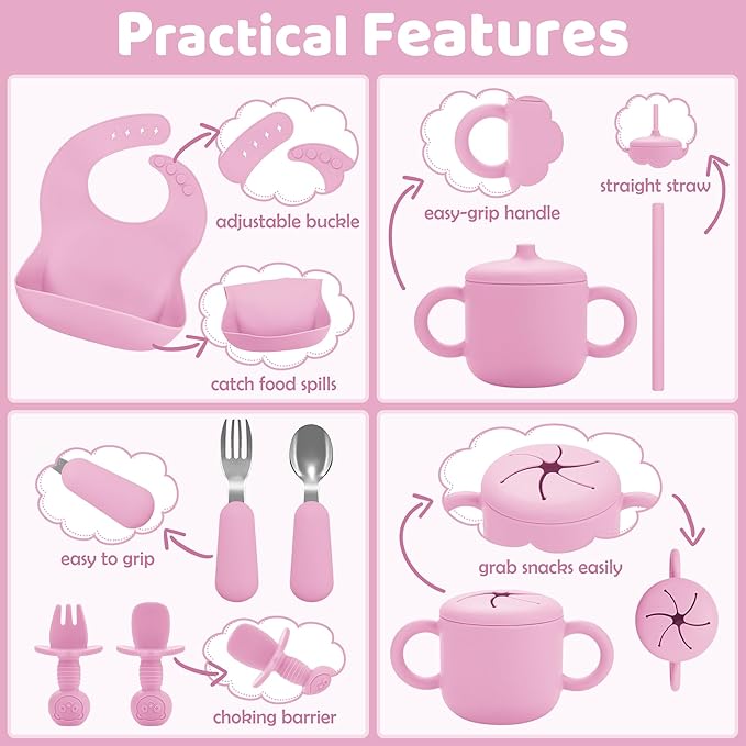 Silicone Baby Feeding Set, Baby Led Weaning Supplies, Eating Essentials Utensils with Suction Plate and Bowl, Pocket Bib, Sippy Cup with Lid, Forks Spoons Snack Container, for 6+ Months, Pink