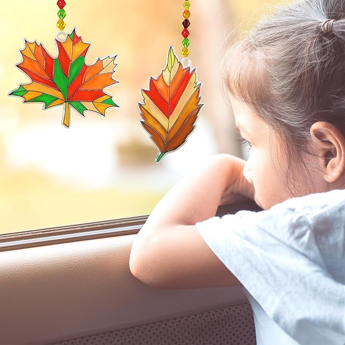 Winlyn 24 Sets Fall Leaf Suncatchers Ornaments DIY Window Paint Art Fall Craft Kits Maple Leaf Sun Catchers Painting Kits for Kids Classroom Activities Art Project Thanksgiving Autumn Party Decoration