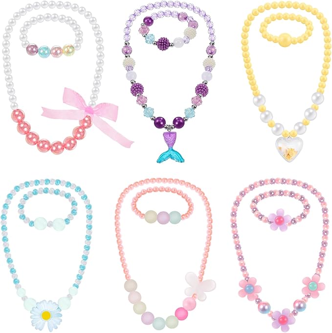 Sumind 6 Sets Play Jewelry for Little Girls Princess Necklace Bracelet Set Includes Kid Beaded Necklace Bracelet for Toddler Christmas Birthday Party Favors Cosplay(Heart, Flower Style)