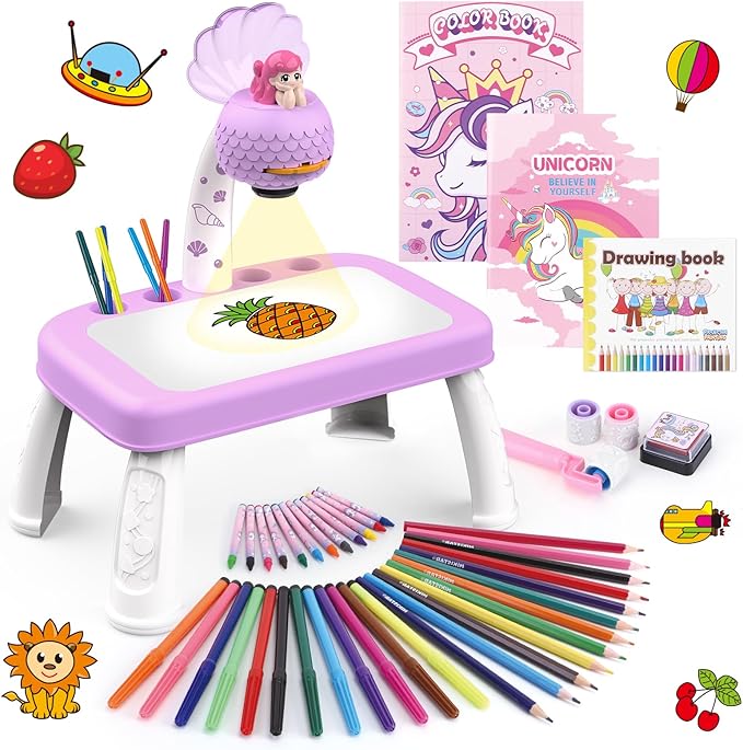 Drawing Projector for Kids,Arts and Crafts for Kids,Include Drawing Board,Crayons,Coloring Book,Stickers etc,Kids Toys for Age 3-5 Year Old Girls Christmas & Birthday Gifts (Mermaid Drawing Kit)