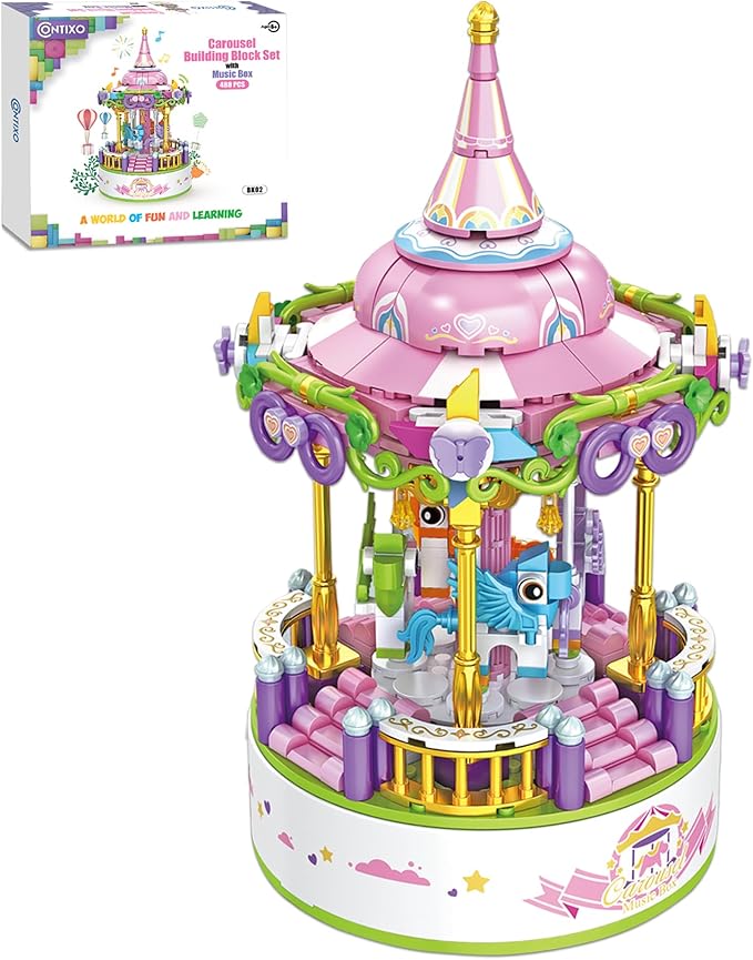 Contixo Building STEM Toys - BK02 488 PCS Carousel Music Boxes, Horse Rotating Building Blocks, Kids Building Toys for Girls Boys, Birthday Gifts for Adults, Daughter Christmas Festival Music Box