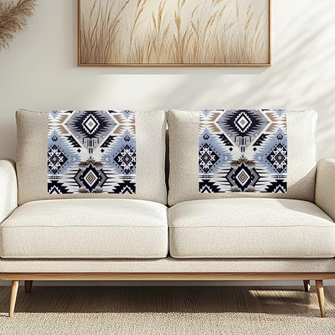 Blue Aztec Headrest Covers for Recliners Easy to Install Headrest Slipcovers Covers Pet Scratch Resistant Couch Headrest Covers for Sofa 3 Pack