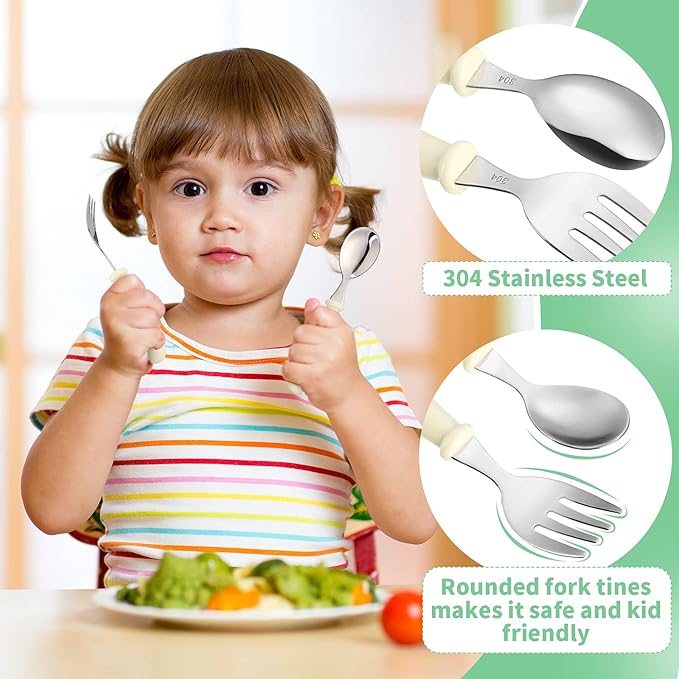 9 Pieces Toddler Utensils Stainless Steel Fork and Spoon Safe Baby Silverware Set, Kid Safe Utensils Children's Flatware Kids Cutlery Set with Round Handle for LunchBox (White, Rose Red, Blue)