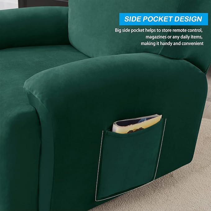 OBCREAT High Stretch Recliner Chair Cover Soft Velvet Recliner Slipcovers 4 Pieces Lazy Boy Recliner Couch Covers Plush Furniture Protector for Kids Pets (Green)