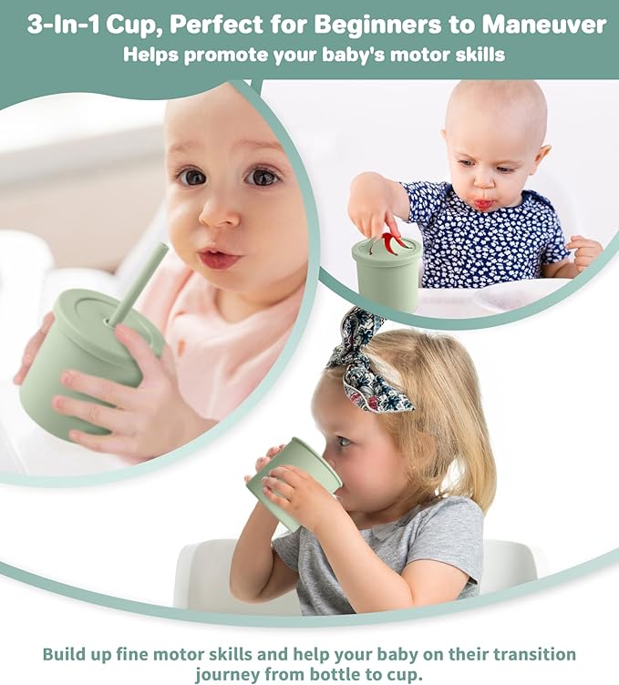 Silicone Baby Feeding Set, 10 Pcs Baby Led Weaning Supplies with Suction Bowl Divided Plate Adjustable Bib Soft Spoon Fork Snack Cup with Lid Drinking Cup, Utensil (Dark Green)