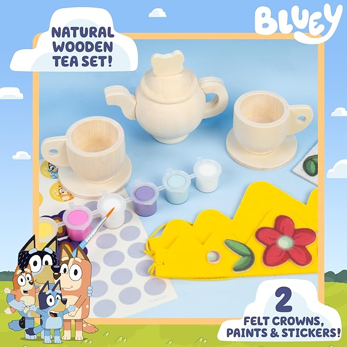 Bluey Paint & Play Tea Party, 6-Piece Wooden Tea Set, Customize with Paint & Bluey Stickers, 2 Wearable Crowns, Fun Toys for Kids, Cute Birthday Party Decorations, Pretend Play Tea Party, Bluey Toys