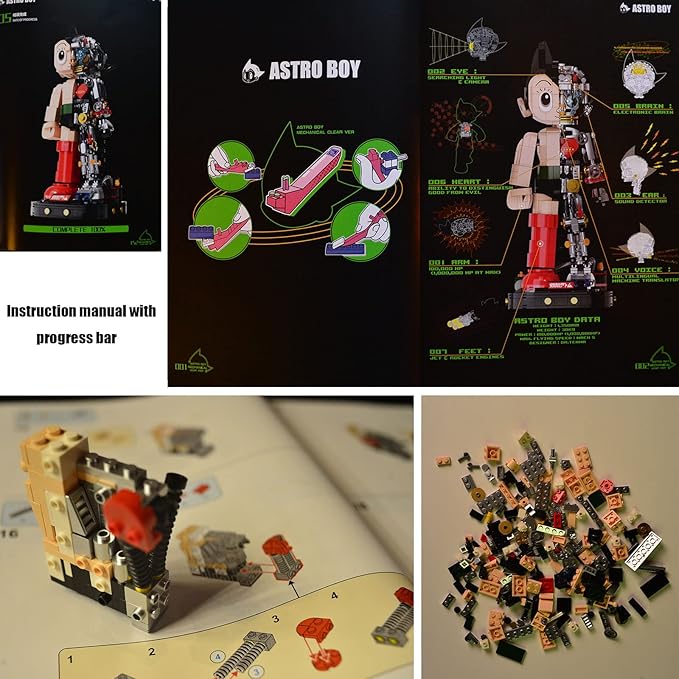 Mech Astro Boy Toy Building Kit,Collectible Mighty Atom Display Model,Half Mech Detail Hand-Made Mech Building Blocks,Gift for Adults and Kids,Compatible with Lego(1258 Pieces)