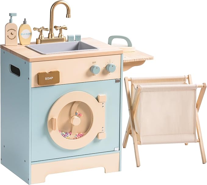 ROBOTIME Toy Kitchen Washer Playset, Wooden Toy Washing Machine for Kids with Clothes Basket, Iron and Sink, Pretend Toddlers Kitchen Toy with Accessories for Ages 3+
