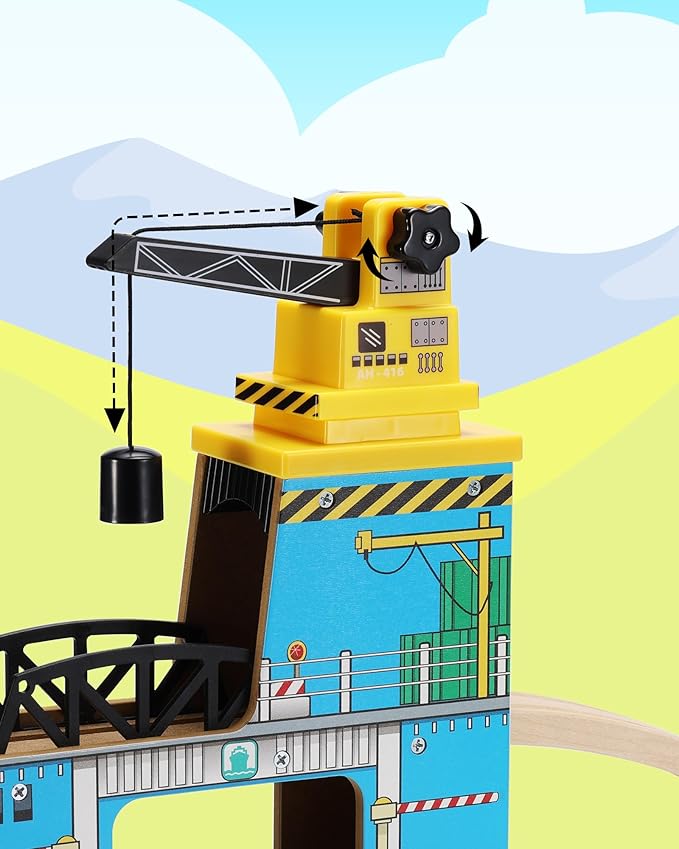 SainSmart Jr. Wooden Train Set Accessories, Magnetic Rotary Crane Set with Track for Kids Compatible with Thomas, Brio, Chuggington, Melissa and Doug