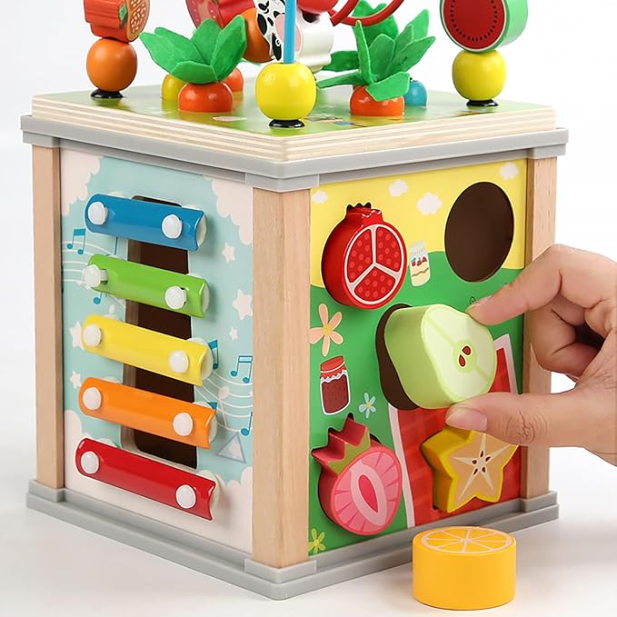 Toddlers Montessori Wooden Educational Toys, Wooden Baby Activity Cube,10 in 1 Carrot Pulling Baby Toy Gifts for 1+ Year Old Girls & Boys, Animal Shape Sorting Cube Toys for Kids