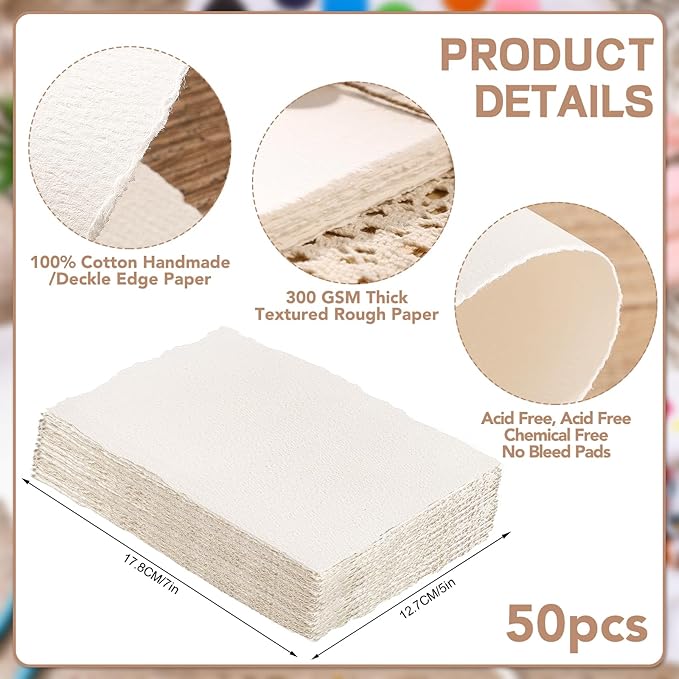 50 Sheets Watercolor Paper 5 x 7inch, 300 GSM Deckled Edge Paper Rough/Textured Handmade Paper Cotton Paper for Watercolors, Wedding Invitations, Cards, Crafts