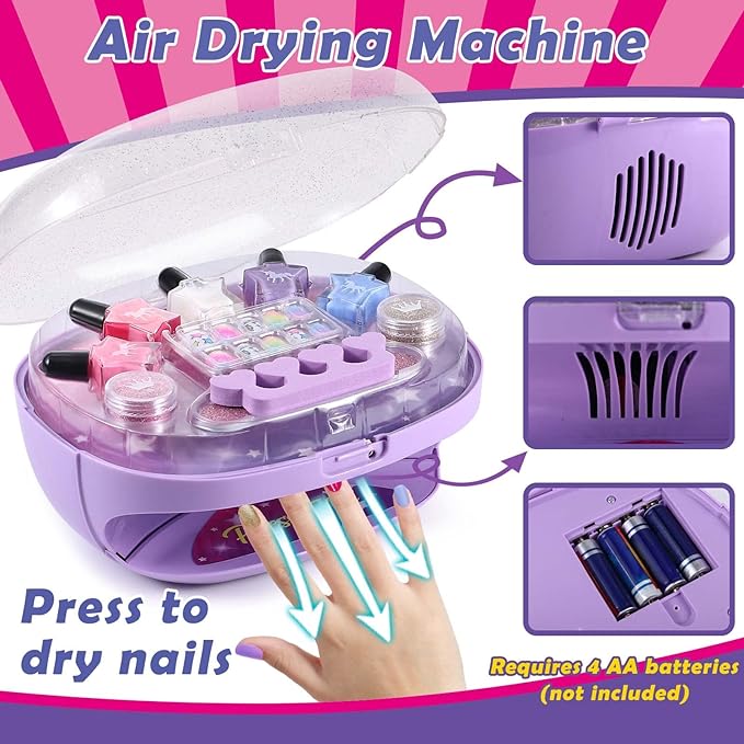 Golray Kids Nail Polish Set for Girls, All-in-One Nail Art Kit - Nail Dryer/ Nail Polish/ Glitter Powder/ False Nails/ Nail Decals/ Toe Separator/File, Age 3-12 Little Girl Gift Toys