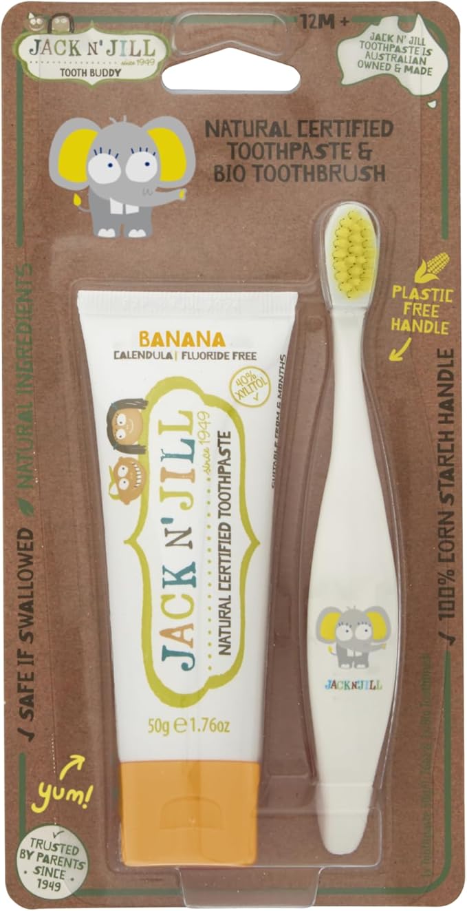 Jack N' Jill Tooth Buddy Combo Pack: Natural Certified Banana Toothpaste & Kids Toothbrush - Plastic Free Handle, Organic Fruit Flavor, Safe if Swallowed, Makes Tooth Brushing Fun for Kids