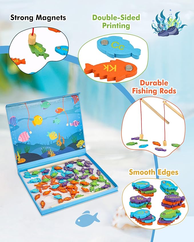Anpro Wooden Magnetic Fishing Sight Words Game Learning, Alphabet Puzzle Flashcards Montessori Toys with 2 Play Modes, Homeschool Sight Word Educational Toy for Preschool 3 4 5 Year Old Kids
