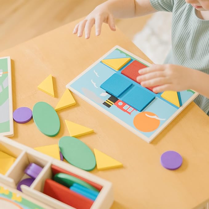 Melissa & Doug Beginner Wooden Pattern Blocks Educational Toy, 5 Double-Sided Scenes and 30 Shapes, 10.65” H x 10.65” W x 2.3” L (Beginning Skills and Activities)
