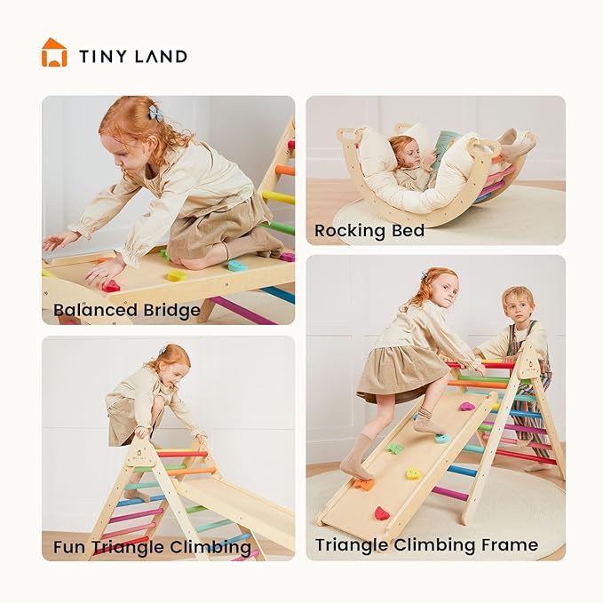 Tiny Land Pikler Triangle Set, 7-in-1 Foldable Pikler Triangle Climbing Toys Set for Kids,Baby Indoor Playground Jungle Gym, Wooden Montessori Climbing Set for Toddler (Rainbow)