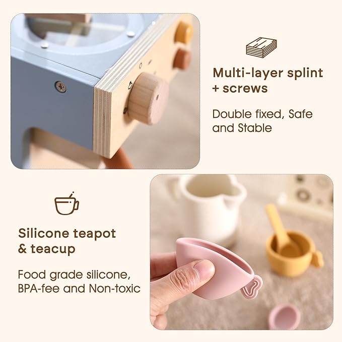 Kids Coffee Maker Playset Wooden Kitchen Toys for Toddlers - 15PCS Toy Coffee Maker Play Kitchen Accessories for Girls & Boys Pretend Play Kids Coffee Maker Toys - Ideal Gift