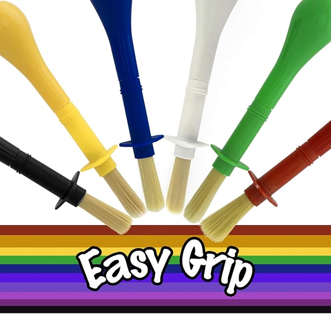 U.S. Art Supply Children's Jumbo Art Brushes Set of 6 - Plastic Handle Round Brushes with Hog Bristles, Stubby Grip - Ideal for Tempera, Poster Paints, and More!