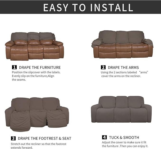 Easy-Going 8 Pieces Microfiber Stretch Sectional Recliner Sofa Slipcover Soft Fitted Fleece 3 Seats Couch Cover Washable Furniture Protector with Elasticity for Kids Pet(Recliner Sofa, Taupe)