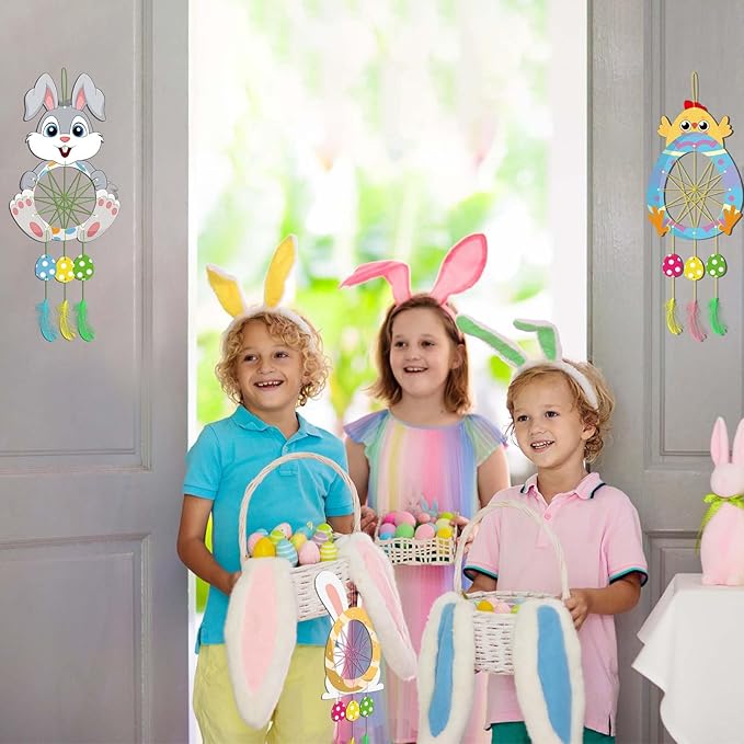 Fennoral 5 Pack Easter Dream Catcher Craft Kit for Kids Paint You Own Bunny Chick Dream Catcher Ornament DIY Coloring Wooden Easter Art and Craft for Art Activity Project Easter Decoration