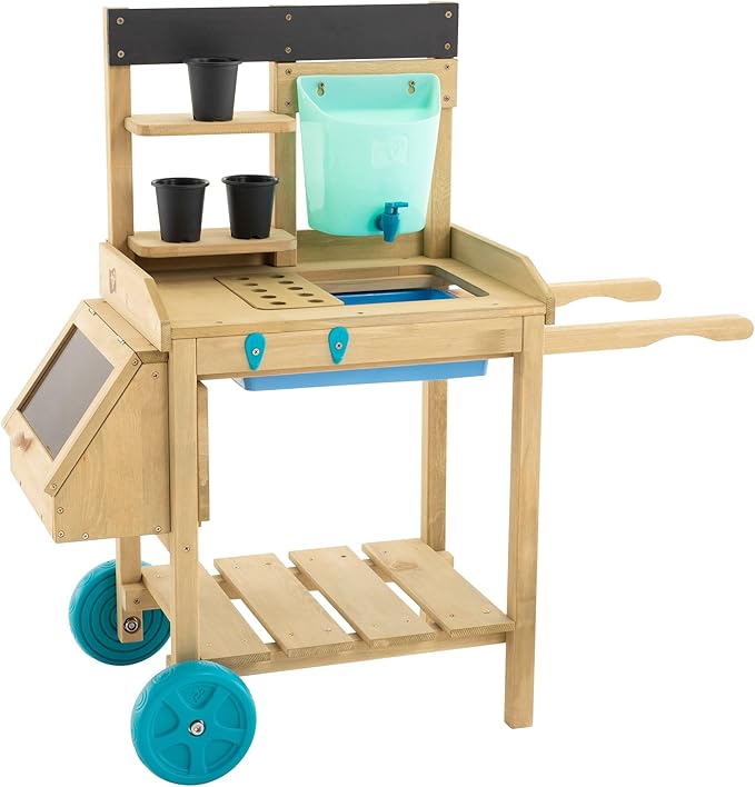 Kids Potting Bench, Outdoor Wooden Toy Toddler Gardening Table with Wheels, Sink & Faucet, Storage Shelves, Planting Pots, Durable, Weatherproof Backyard Playset for Kids Age 3+ Years