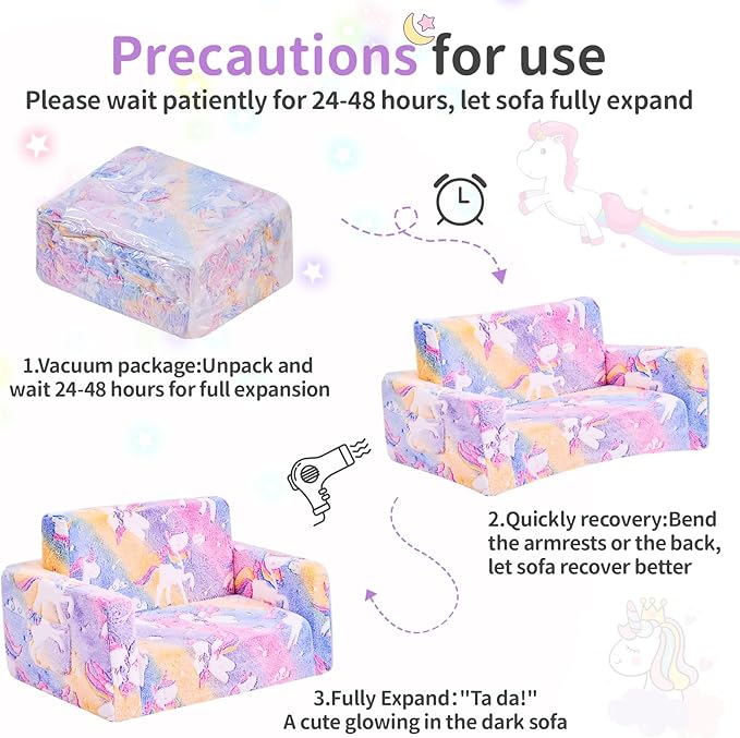 Toddler Couch, Toddler Chair Folding, Kids Couch 2 in 1, Kids Sofa for Playroom-Extra Soft 2 Seats, Glow in The Dark Open Couch, Gifts for Kids, Sleeper for Girls Boys, Grey Blue