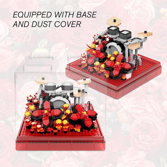 Drums Mini Building Block Sets with Colorful Flower Decor, Micro Building Sets with Dust Cover,Gift for Girl,Lover,Mother, Home Office Decor Kit Suit for Kids and Adult Aged 8+(Drums)