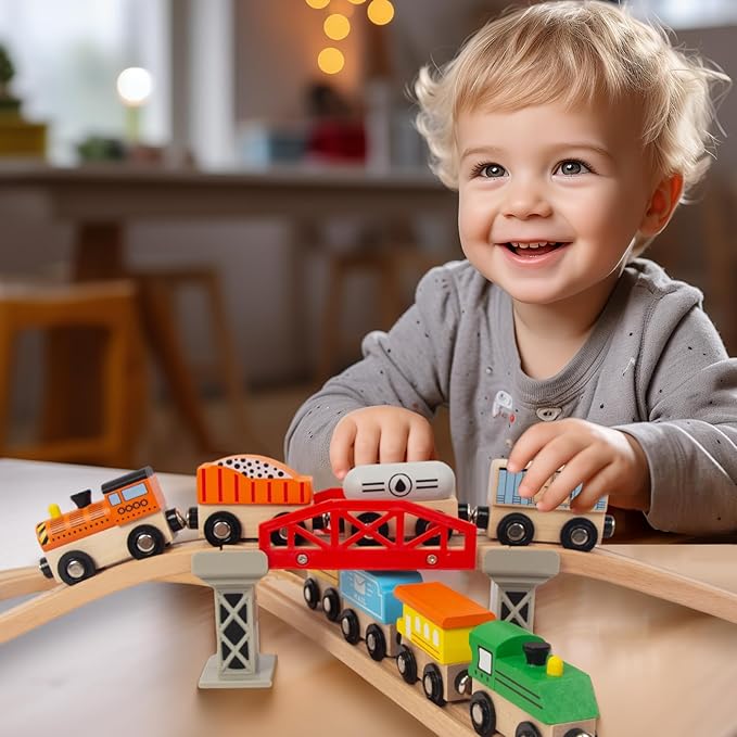 Wooden Train Sets for Toddlers, 12Pcs Train Toy Magnetic Sets Fits Brio, Thomas, Melissa and Doug, Kids for Boys Girls 3 4 5 Years Old
