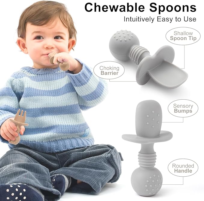 Silicone Baby Feeding Set, 2 Pack Divided Baby Plates with Suction, 2 Pack Spoons and Forks Set, BPA Free, Baby Led Weaning Supplies for Toddler Utensils Baby Feeding Essentials