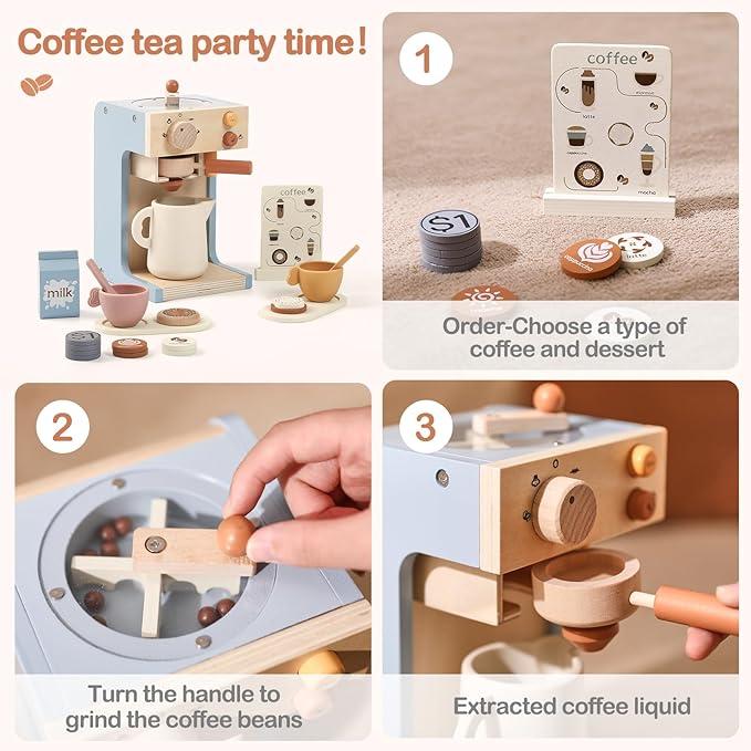 EERKEOD Toy Coffee Maker for Kids Wooden Kids Coffee Maker Playset for Toddlers Play Kitchen Accessories Gift for Girls and Boys