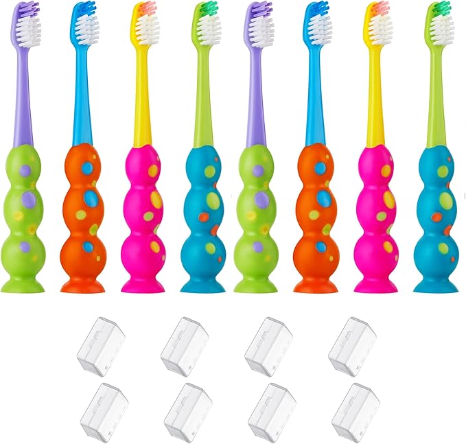 Trueocity Kids Toothbrush 8 Pack - Soft Contoured Bristles - Child Sized Brush Heads (3-10 Year Old) - Suction Cup for Fun & Easy Storage - Girl & Boy Set (8-Pack, Multi-Color)