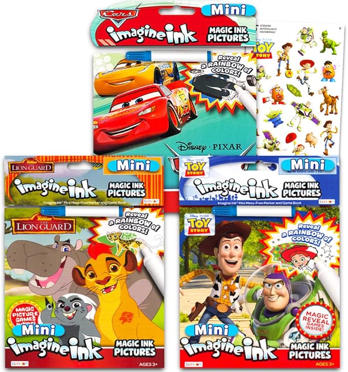 Disney Pixar Magic Ink Coloring Book Super Set - 3 Imagine Ink Books Featuring Toy Story, Lion Guard, Disney Cars with Invisible Ink Pens and Stickers