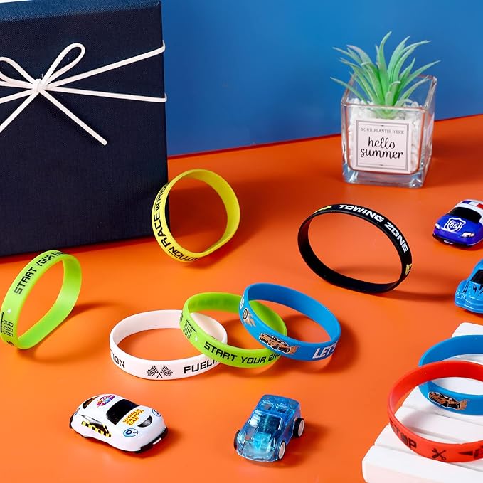 Race Cars Party Favors, Race Car Birthday Party Supplies Race Car Party Decorations Flag Rubber Bracelets Silicone Wristband for Fitness Racing Dirt Bike Task Birthday Party(24 Pack)