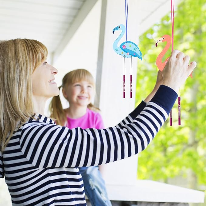 Fennoral 12 Pack Wind Chime Kit for Kids Make Your Own Flamingos Wind Chime Wooden Arts and Crafts for Girls Boys Ornaments DIY Coloring Flamingos Craft for Hawaii Summer Art Activity Birthday Party