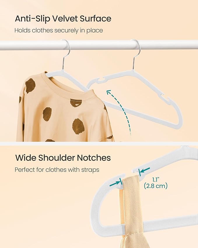 SONGMICS Baby Hangers 50 Pack, 11 x 6.9 Inches, Kids Hangers for Closet, Non-Slip Velvet Hangers, Childrens Hangers, Space-Saving Clothes Hangers, Wide Shoulder Notches, Cloud White UCRF037W01