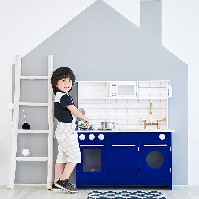 Teamson Kids Little Chef Berlin Kids Play Kitchen with 6 Kitchen Accessories, Wooden Play Kitchen Set for Toddlers with Subway Tile Backsplash, Gold Hardware, & Storage Shelves, Blue/White