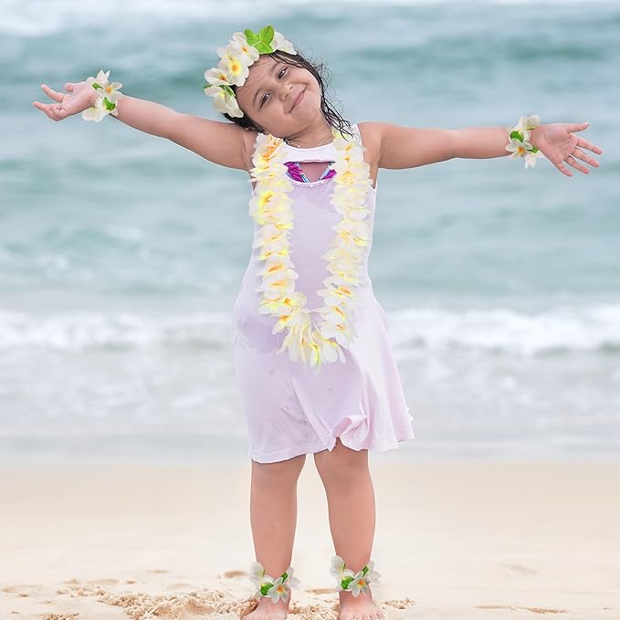 HOBBY HORSE 6 Pieces Hawaiian Luau Flower Leis Halloween Decor Leis White Necklaces Bracelets Headband Anklets Set Tropical Party Favor for Halloween Cosplay Beach Wedding Birthday Party Supplies