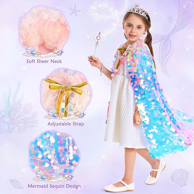 Princess Dress Up for Girls, 9Pcs Mermaid Costume Girls Birthday Gifts Cape Kit for Little Girls 3-8 Years Old, Princess Toys for Christmas Halloween Party Favors