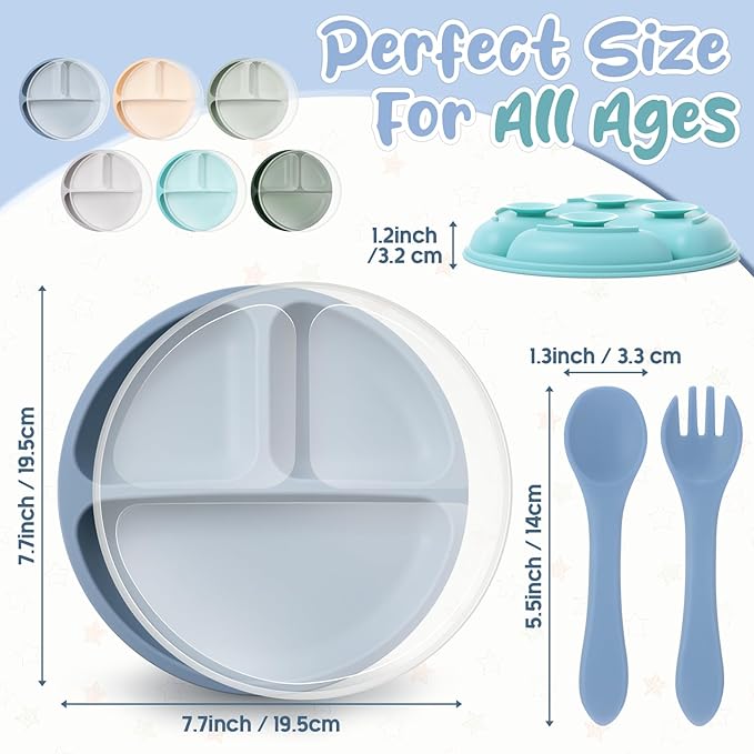 Meanplan 6 Pack Suction Plates for Toddlers with Lids Silicone Baby Plates set Food Grade Silicone Divided Design BPA Free Microwave and Dishwasher Safe Assorted Colors(Mixed Colors)